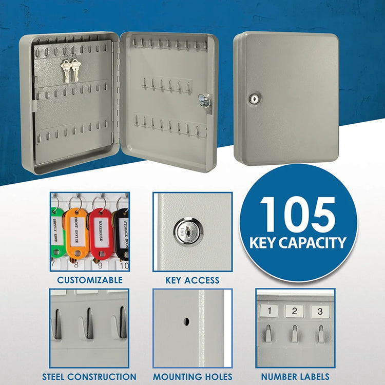 105 Capacity Fixed Position Key Cabinet with Key Lock, Grey | AX11694