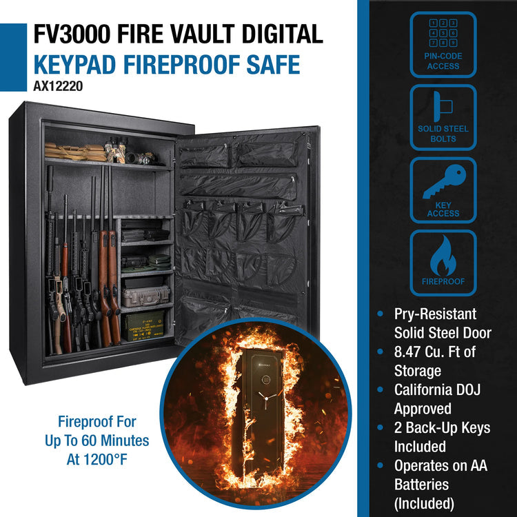 FV3000 FireVault Fireproof 45 Firearm Capacity Keypad Rifle Safe | AX12220