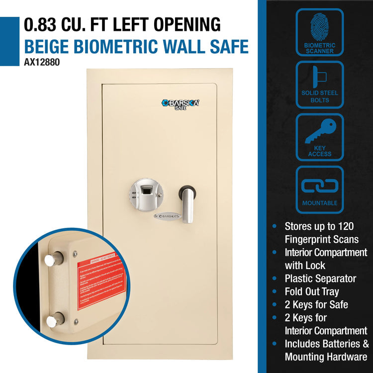 Large Beige Biometric Wall Safe, Right/Left Opening | AX12408, AX12880