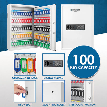 100 Capacity Fixed Position Key Cabinet Digital Keypad Wall Safe, White | AX13262