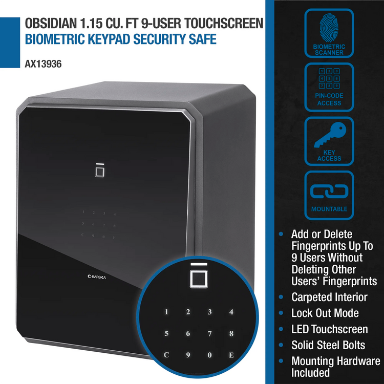 Obsidian 1.15 Cu. ft 9-User Touchscreen Biometric Keypad Security Safe | AX13936