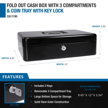 Cash Box with Three Compartments and Coin Tray with Key Lock | CB11790