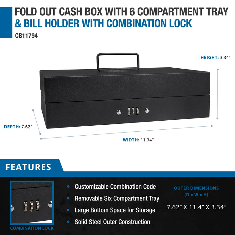 Fold Out Cash Box with Six Compartment Tray and Bill Holder with Combination Lock | CB11794