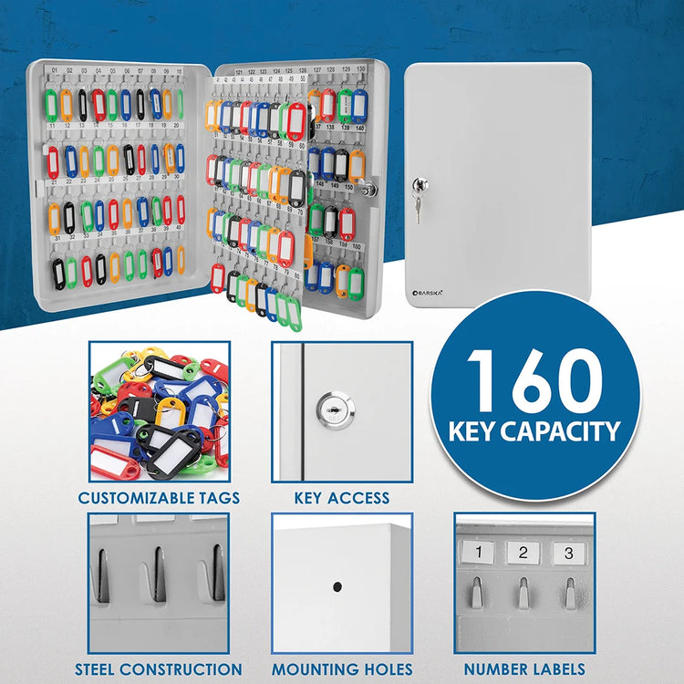 160 Capacity Fixed Position Key Cabinet with Key Lock, Grey | CB12488