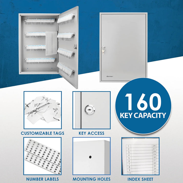 160 Capacity Fixed Position Key Cabinet with Key Lock, White Tags | CB12492