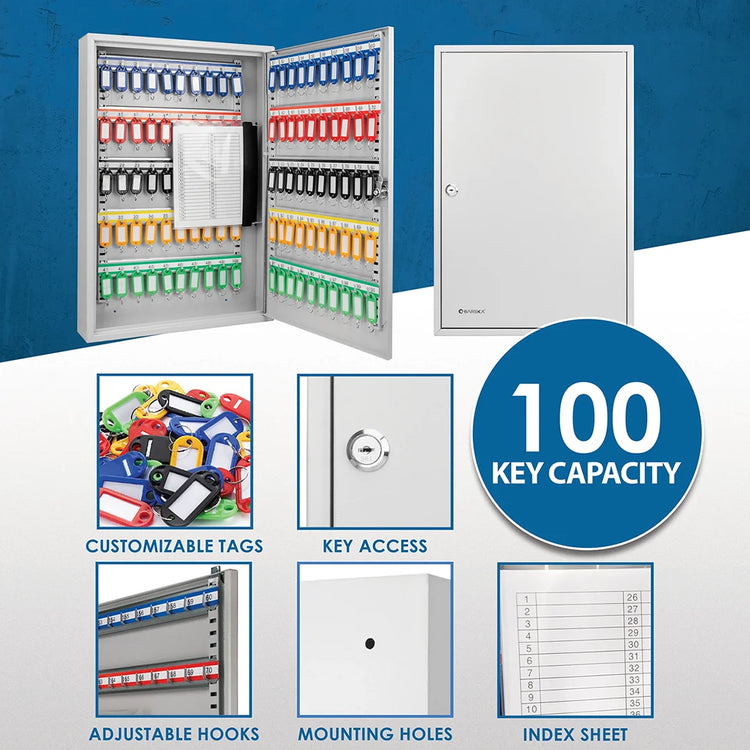 100 Capacity Adjustable Key Cabinet with Key Lock, White | CB12956