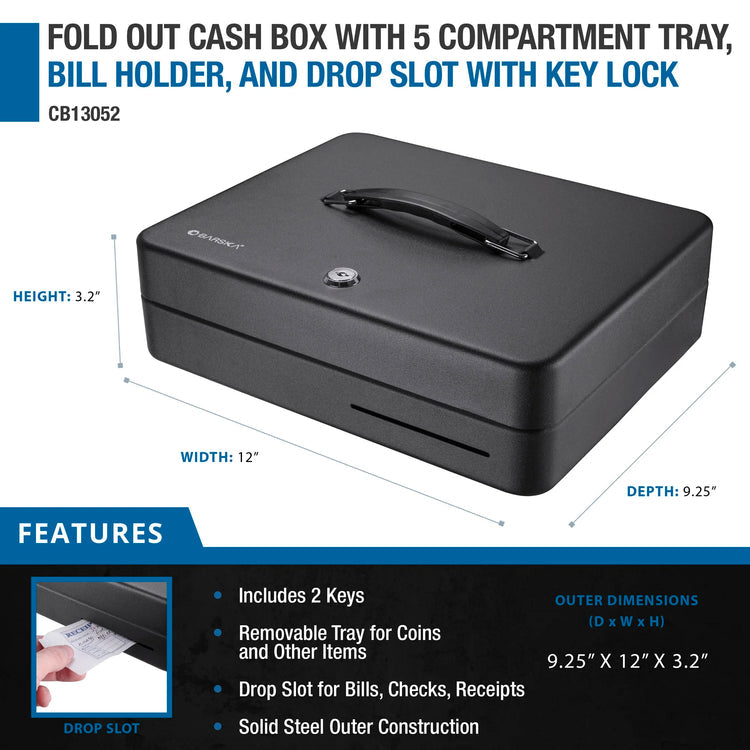 Fold Out Cash Box with Five Compartment Tray, Bill Holder, and Drop Slot with Key Lock | CB13052