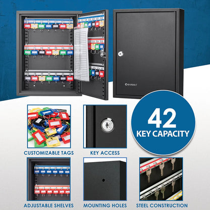 42 Capacity Adjustable Key Cabinet with Key Lock, Black | CB13232