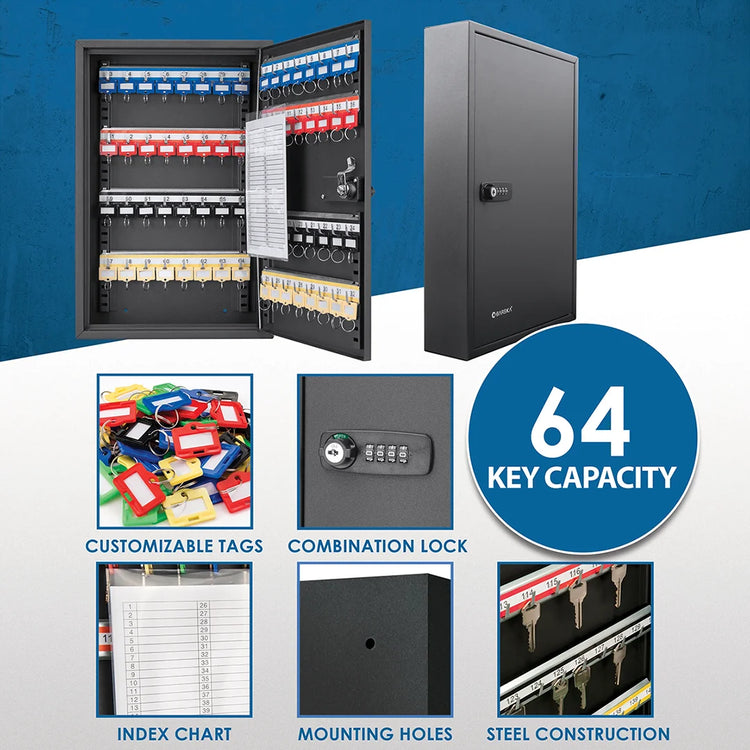 64 Capacity Adjustable Key Cabinet with Combination & Key Lock, Black | CB13264