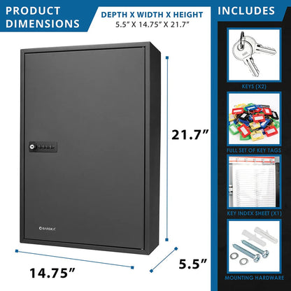 200 Capacity Adjustable Key Cabinet with Combination & Key Lock, Black | CB13266