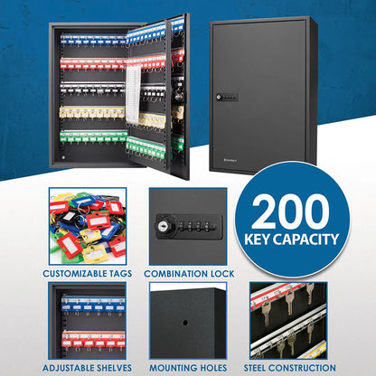 200 Capacity Adjustable Key Cabinet with Combination & Key Lock, Black | CB13266