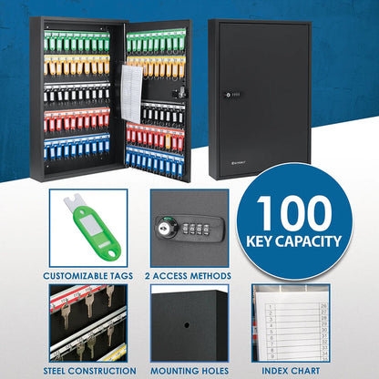 100 Capacity Adjustable Key Cabinet with Combination & Key Lock, Black | CB13366