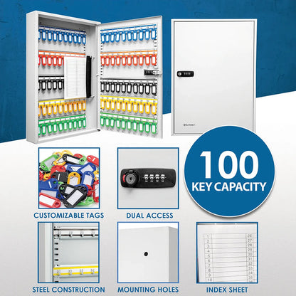 100 Capacity Adjustable Key Cabinet with Combination & Key Lock, Grey | CB13560